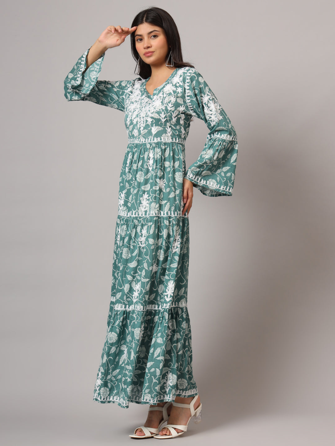 Hand Embroidered Chikankari A-Line Gathering Pattern Mulmul Cotton Jalabiya-AL3673