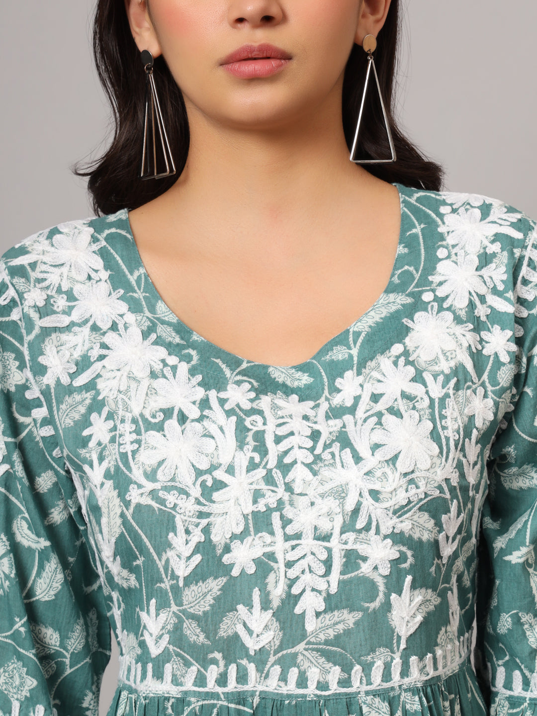 Hand Embroidered Chikankari A-Line Gathering Pattern Mulmul Cotton Jalabiya-AL3673