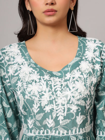 Hand Embroidered Chikankari A-Line Gathering Pattern Mulmul Cotton Jalabiya-AL3673