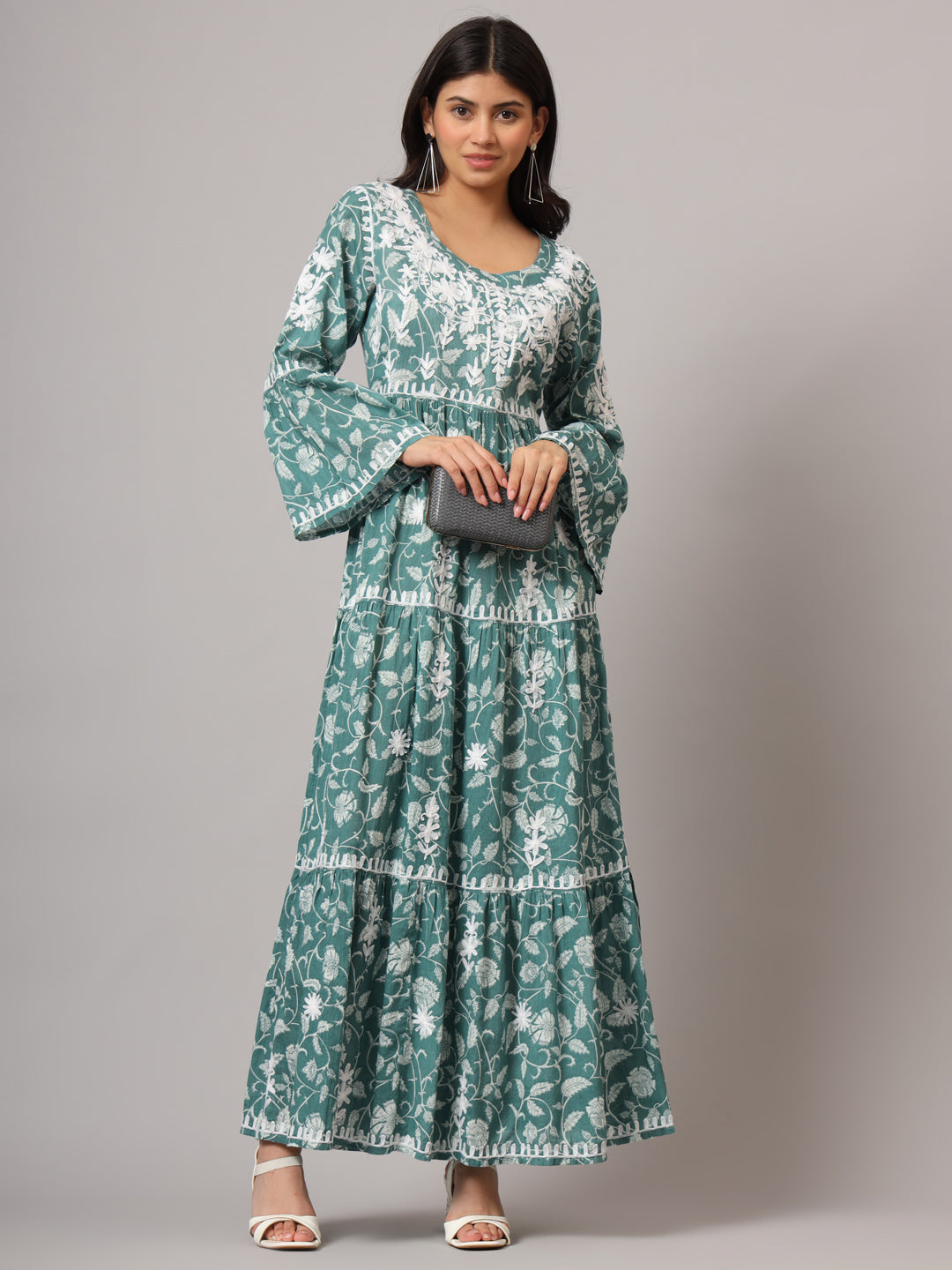 Hand Embroidered Chikankari A-Line Gathering Pattern Mulmul Cotton Jalabiya-AL3673