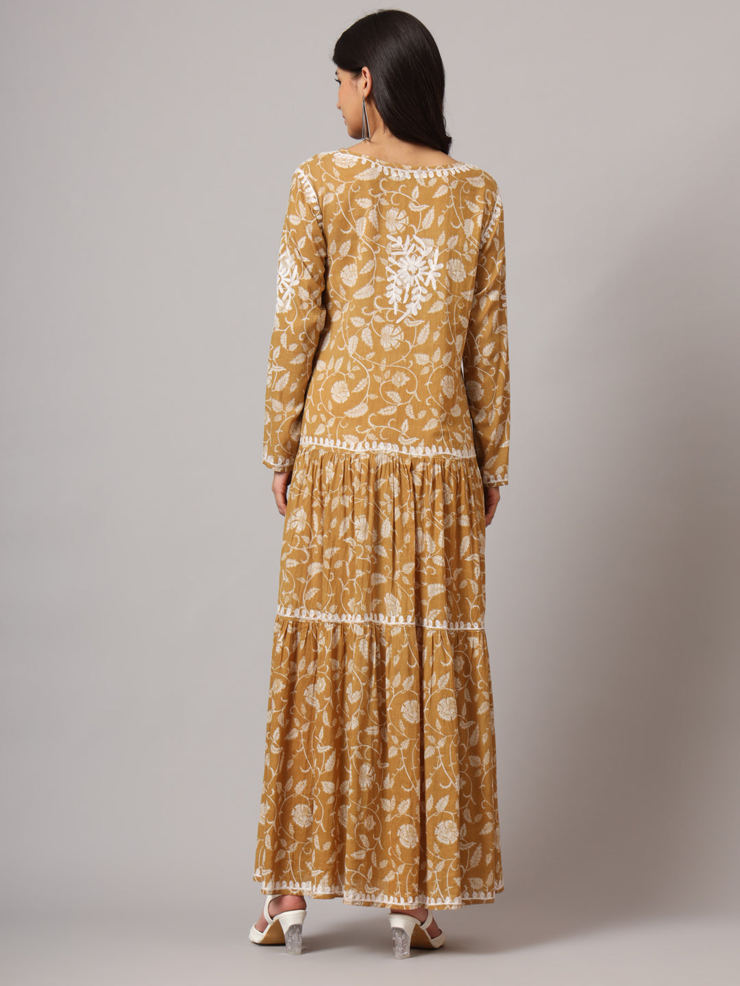 Hand Embroidered Lucknowi Chikankari  Printed Mulmul Cotton Jalabiya-AL3698