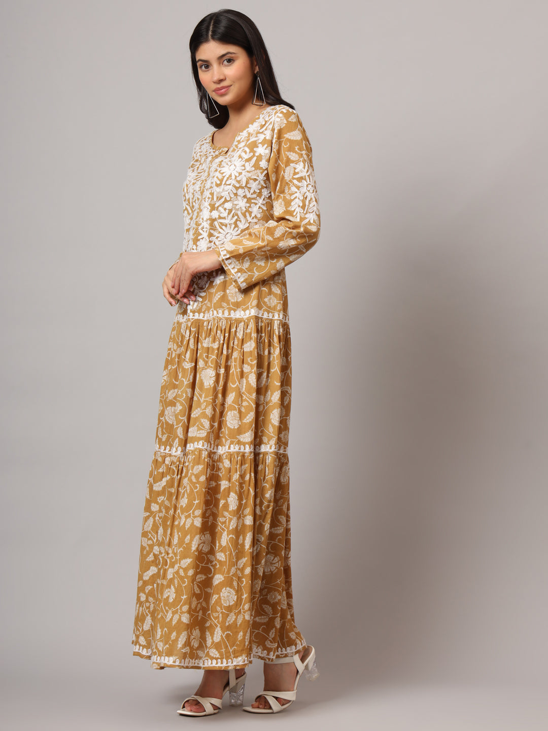 Hand Embroidered Lucknowi Chikankari  Printed Mulmul Cotton Jalabiya-AL3698
