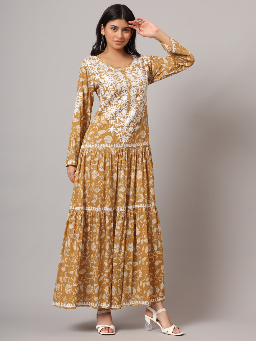 Hand Embroidered Lucknowi Chikankari  Printed Mulmul Cotton Jalabiya-AL3698