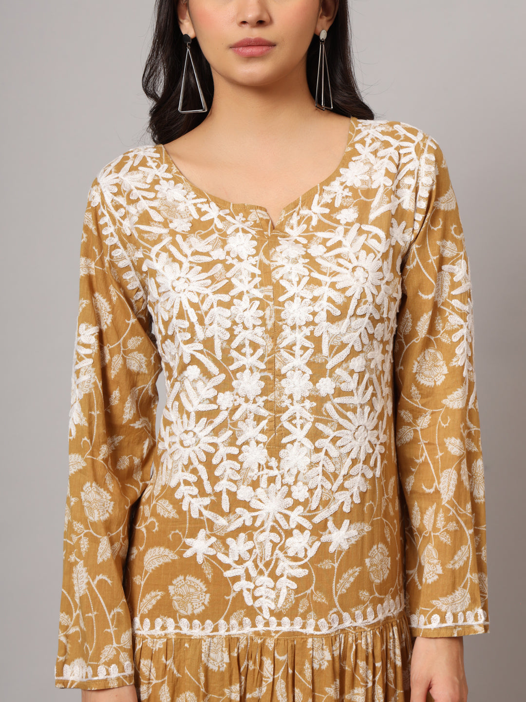 Hand Embroidered Lucknowi Chikankari  Printed Mulmul Cotton Jalabiya-AL3698