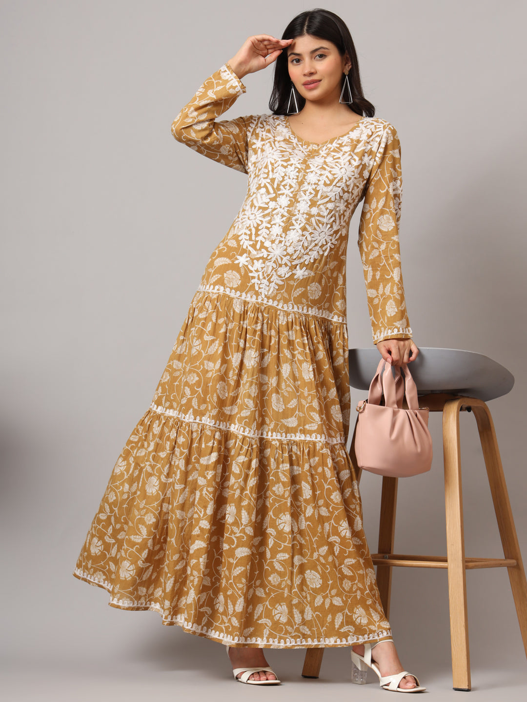Hand Embroidered Lucknowi Chikankari  Printed Mulmul Cotton Jalabiya-AL3698