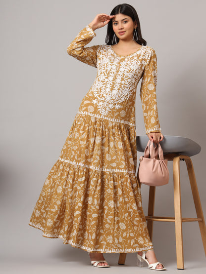 Hand Embroidered Lucknowi Chikankari  Printed Mulmul Cotton Jalabiya-AL3698