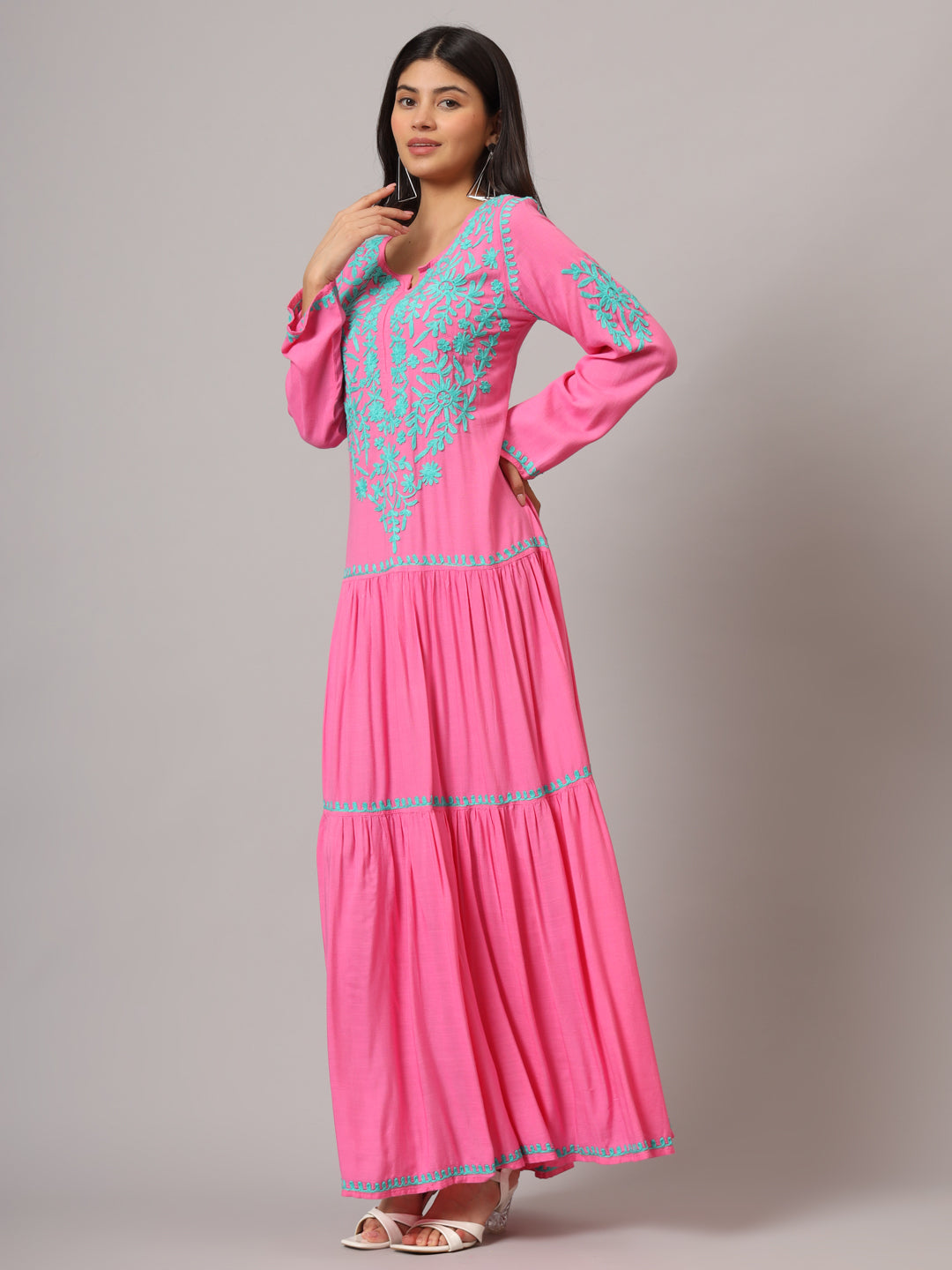 Hand Embroidered Lucknowi Chikankari  Cotton Jalabiya-AL3942 Magenta