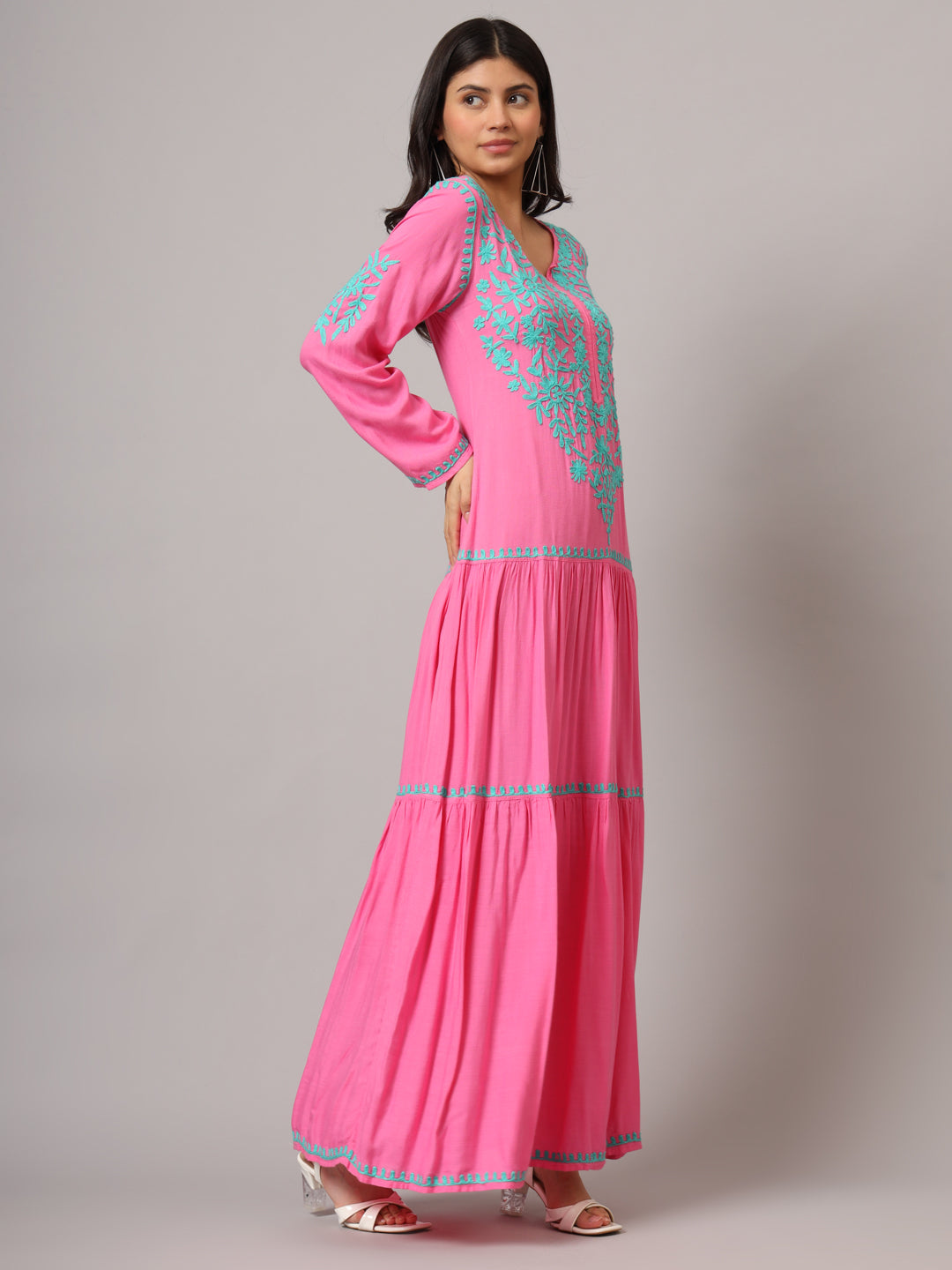 Hand Embroidered Lucknowi Chikankari  Cotton Jalabiya-AL3942 Magenta