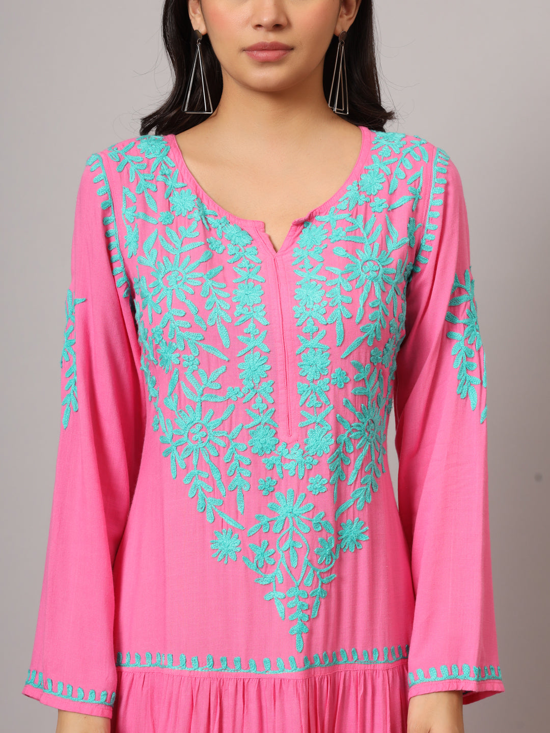 Hand Embroidered Lucknowi Chikankari  Cotton Jalabiya-AL3942 Magenta