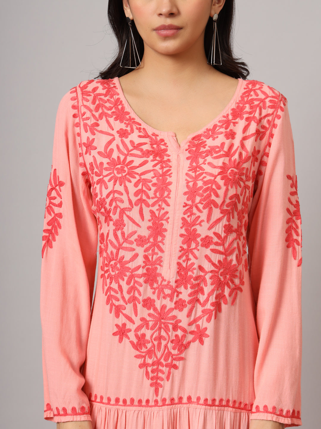 Hand Embroidered Lucknowi Chikankari  Cotton Jalabiya-AL3942 Coral