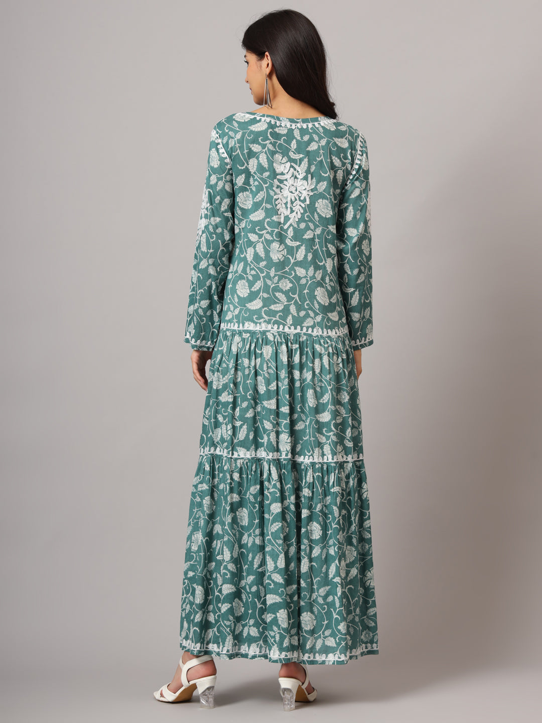 Hand Embroidered Lucknowi Chikankari  Printed Mulmul Cotton Jalabiya-AL3698