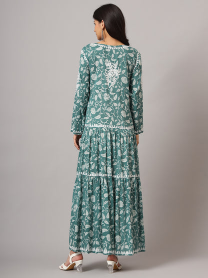Hand Embroidered Lucknowi Chikankari  Printed Mulmul Cotton Jalabiya-AL3698