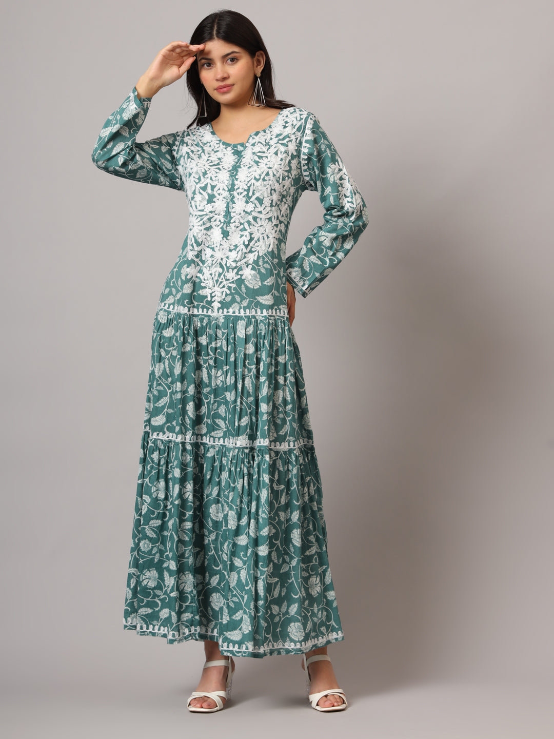 Hand Embroidered Lucknowi Chikankari  Printed Mulmul Cotton Jalabiya-AL3698