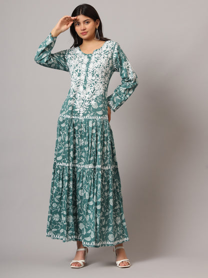 Hand Embroidered Lucknowi Chikankari  Printed Mulmul Cotton Jalabiya-AL3698
