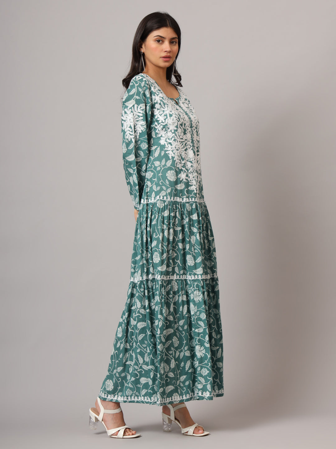 Hand Embroidered Lucknowi Chikankari  Printed Mulmul Cotton Jalabiya-AL3698