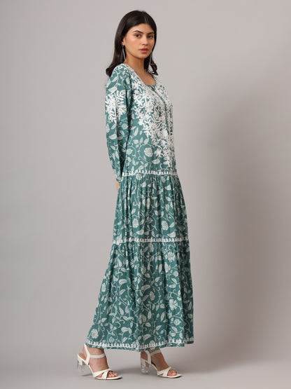 Hand Embroidered Lucknowi Chikankari  Printed Mulmul Cotton Jalabiya-AL3698