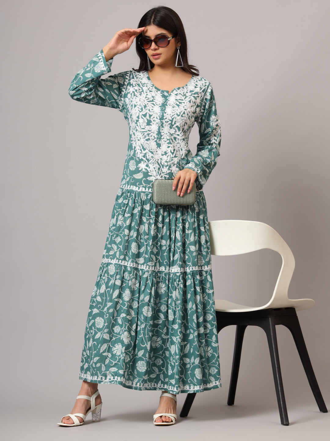 Hand Embroidered Lucknowi Chikankari  Printed Mulmul Cotton Jalabiya-AL3698
