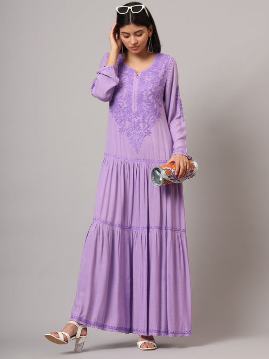 Hand Embroidered Lucknowi Chikankari  Cotton Jalabiya-AL3942 Mauve