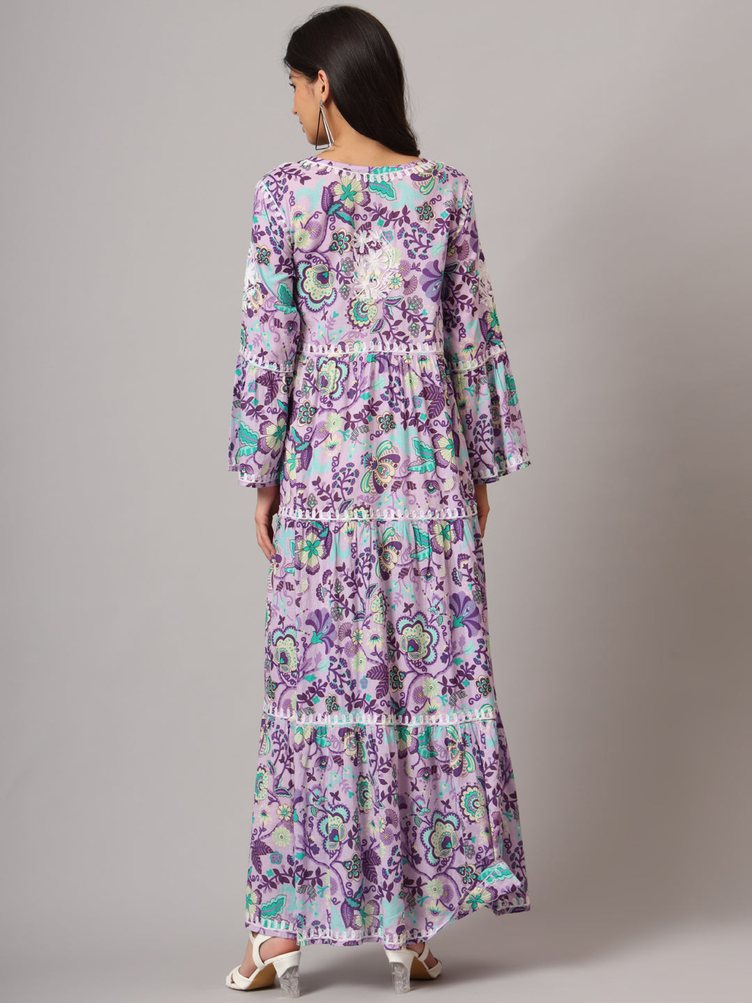 Hand Embroidered Chikankari A-Line Gathering Pattern Mulmul Cotton Jalabiya-AL3673 Lavender & White