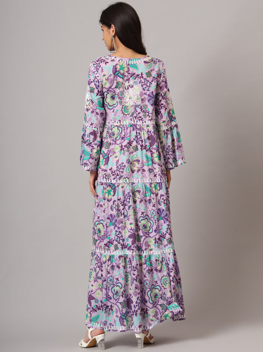 Hand Embroidered Chikankari A-Line Gathering Pattern Mulmul Cotton Jalabiya-AL3673 Lavender & White