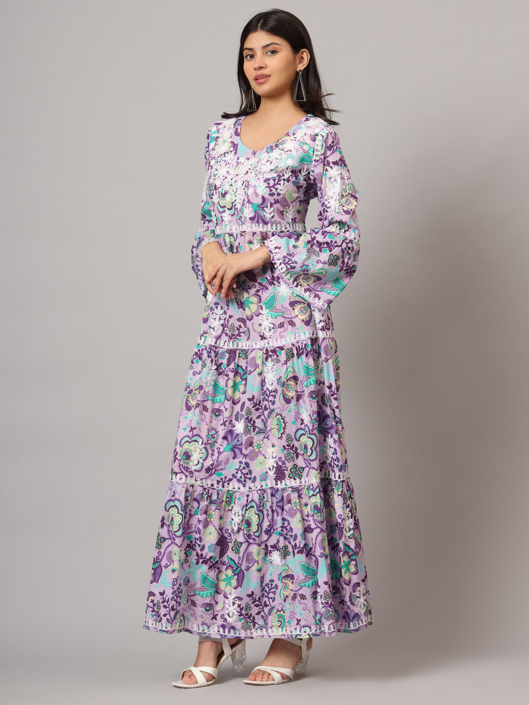 Hand Embroidered Chikankari A-Line Gathering Pattern Mulmul Cotton Jalabiya-AL3673 Lavender & White