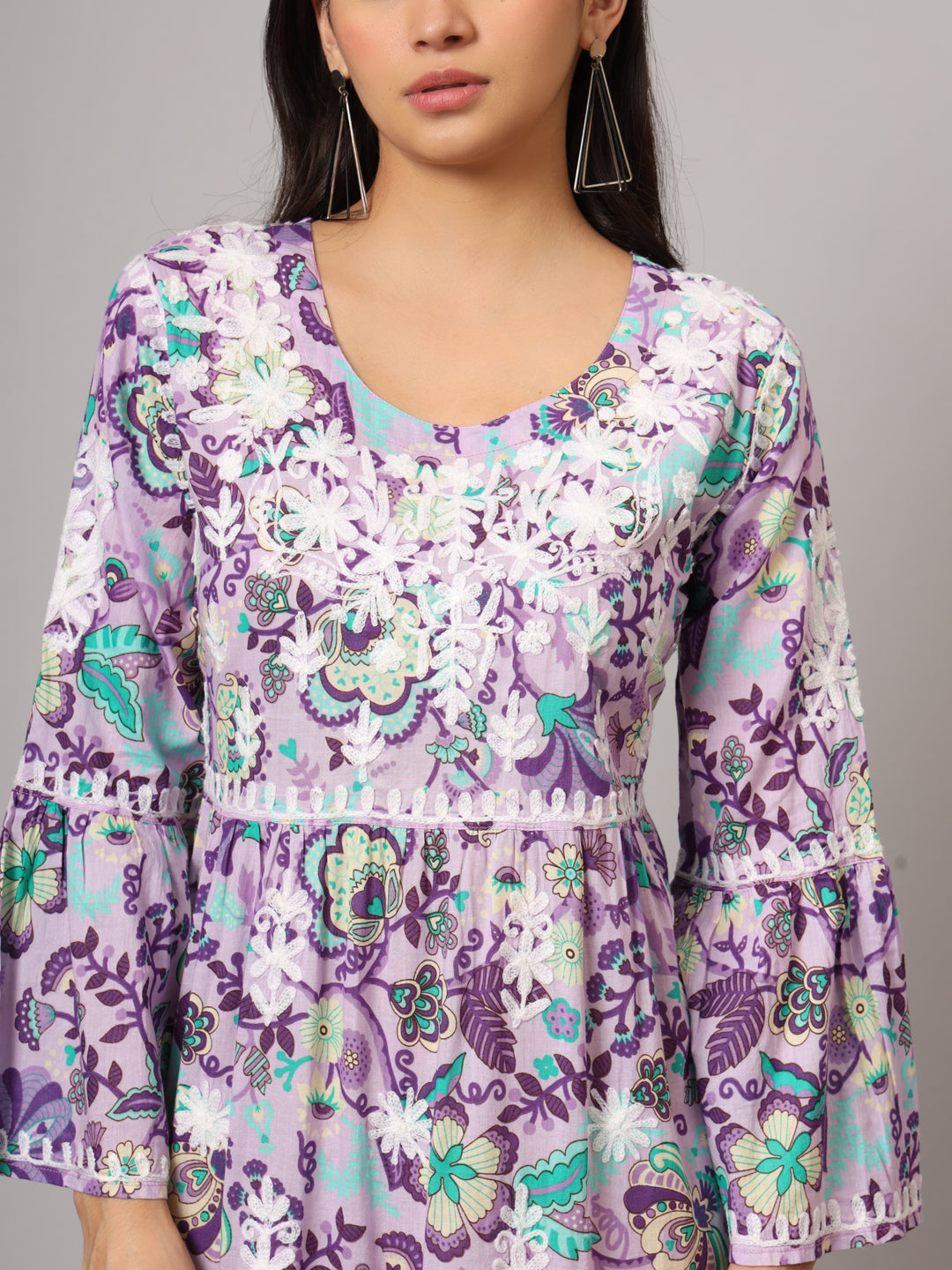 Hand Embroidered Chikankari A-Line Gathering Pattern Mulmul Cotton Jalabiya-AL3673 Lavender & White