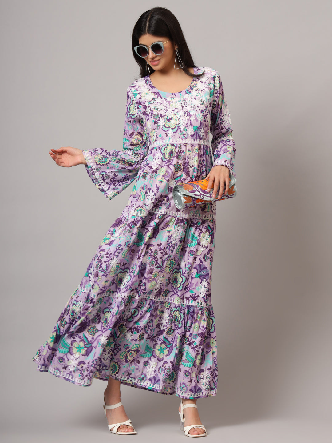 Hand Embroidered Chikankari A-Line Gathering Pattern Mulmul Cotton Jalabiya-AL3673