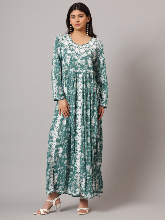 Hand Embroidered Lucknowi Chikankari  Printed Mulmul Cotton Jalabiya-AL3936 Green