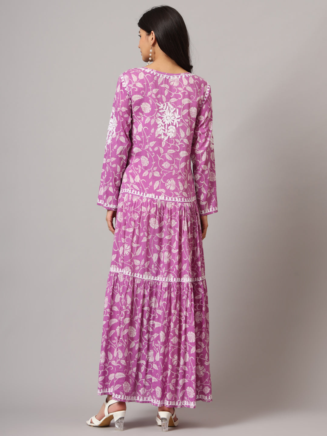 Hand Embroidered Lucknowi Chikankari  Printed Mulmul Cotton Jalabiya-AL3698
