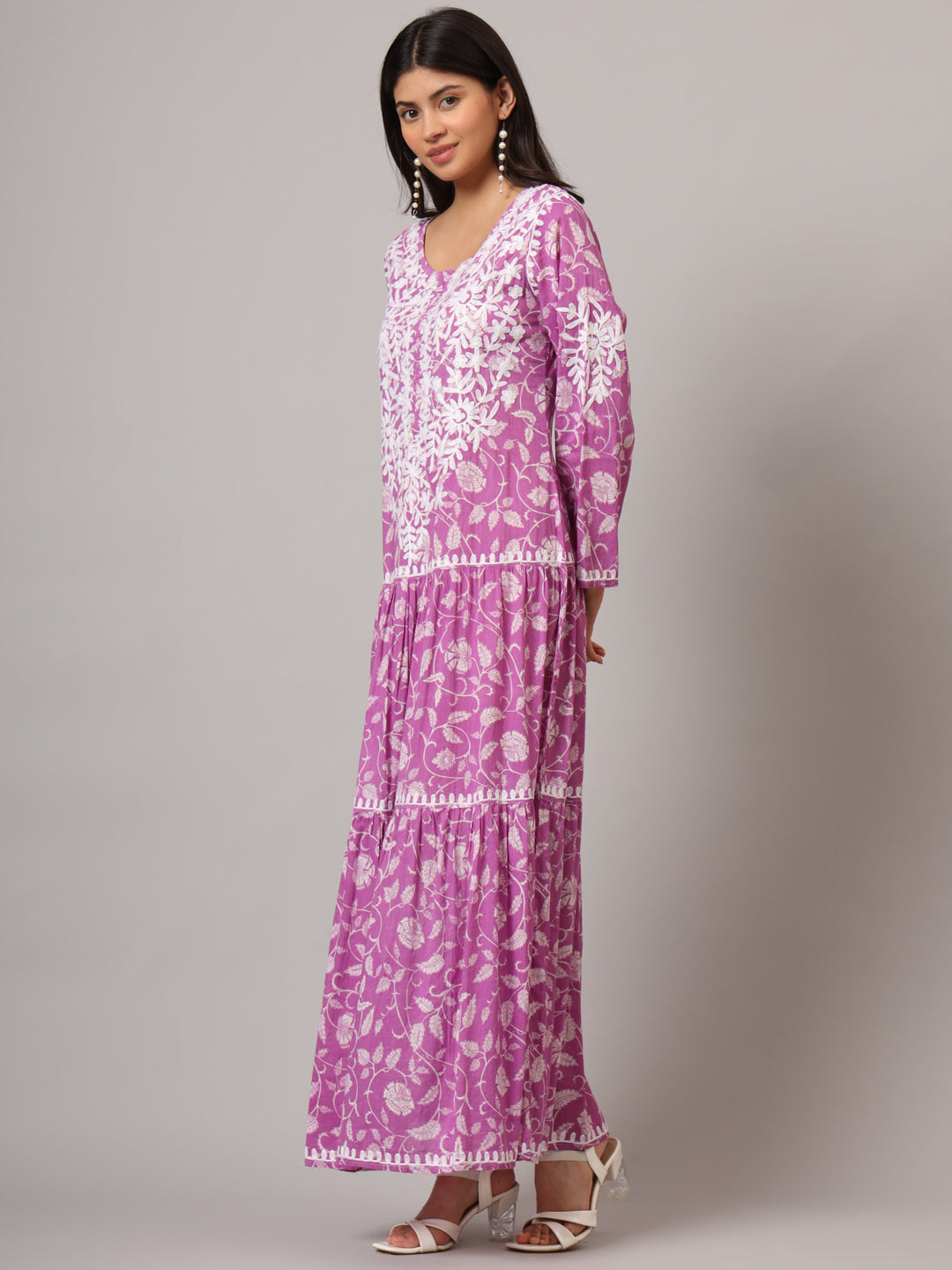 Hand Embroidered Lucknowi Chikankari  Printed Mulmul Cotton Jalabiya-AL3698