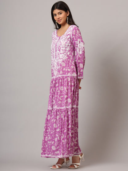 Hand Embroidered Lucknowi Chikankari  Printed Mulmul Cotton Jalabiya-AL3698