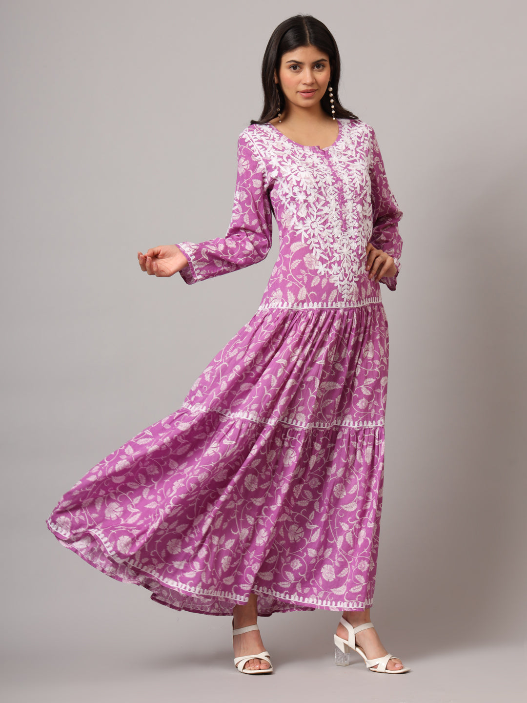 Hand Embroidered Lucknowi Chikankari  Printed Mulmul Cotton Jalabiya-AL3698