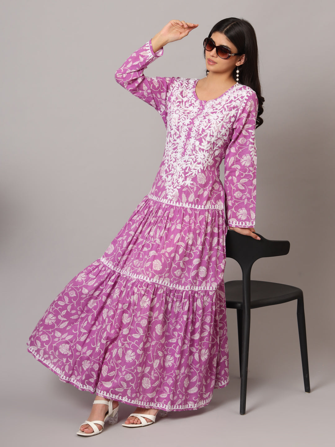 Hand Embroidered Lucknowi Chikankari  Printed Mulmul Cotton Jalabiya-AL3698