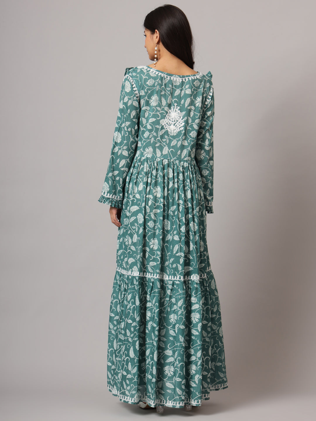 Hand Embroidered Chikankari A-Line Gathering Pattern Mulmul Cotton Jalabiya-AL3941 Seagreen