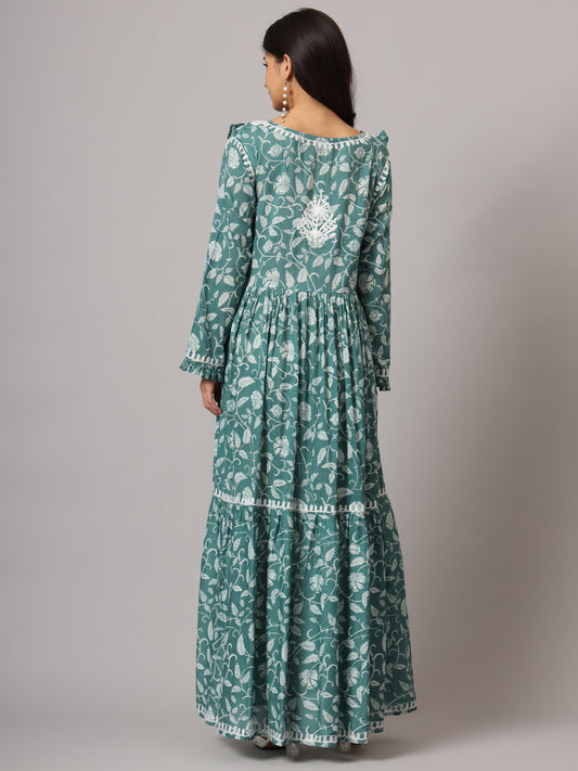Hand Embroidered Chikankari A-Line Gathering Pattern Mulmul Cotton Jalabiya-AL3941 Seagreen