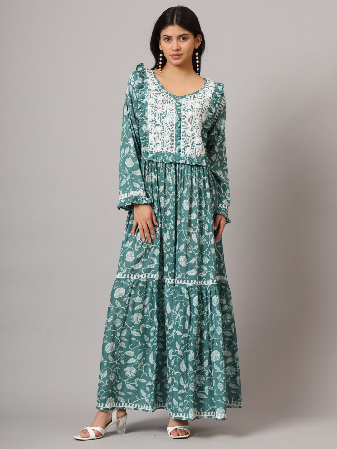 Hand Embroidered Chikankari A-Line Gathering Pattern Mulmul Cotton Jalabiya-AL3941 Seagreen