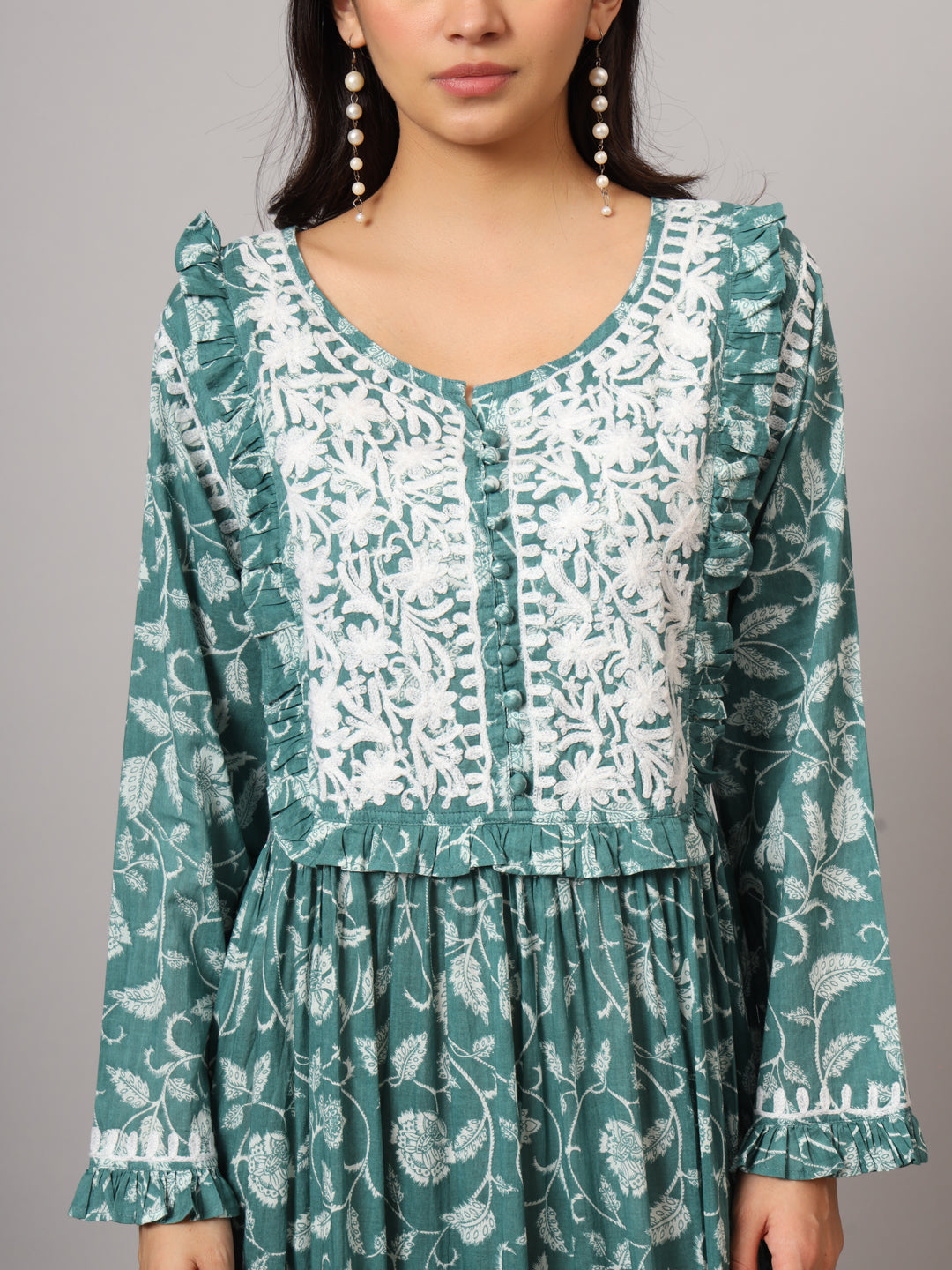Hand Embroidered Chikankari A-Line Gathering Pattern Mulmul Cotton Jalabiya-AL3941 Seagreen