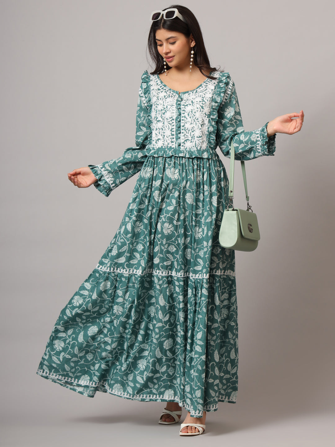Hand Embroidered Chikankari A-Line Gathering Pattern Mulmul Cotton Jalabiya-AL3941 Seagreen