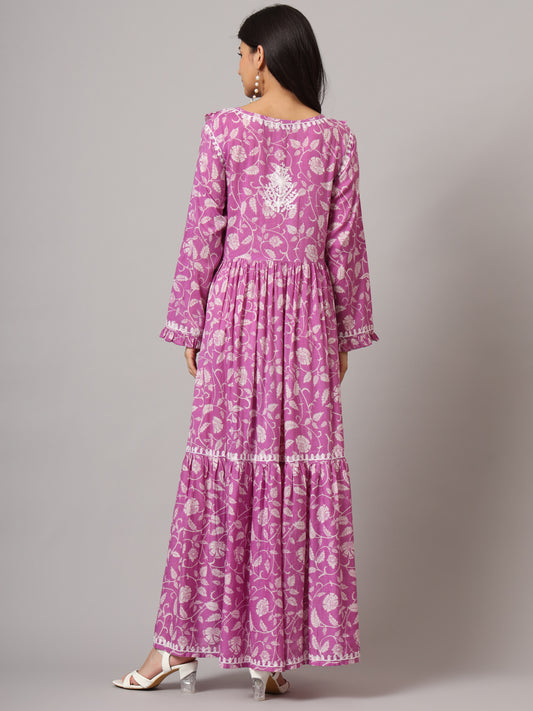Hand Embroidered Chikankari A-Line Gathering Pattern Mulmul Cotton Jalabiya-AL3941 Hotpink