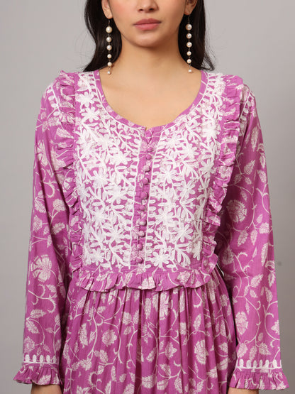 Hand Embroidered Chikankari A-Line Gathering Pattern Mulmul Cotton Jalabiya-AL3941 Hotpink