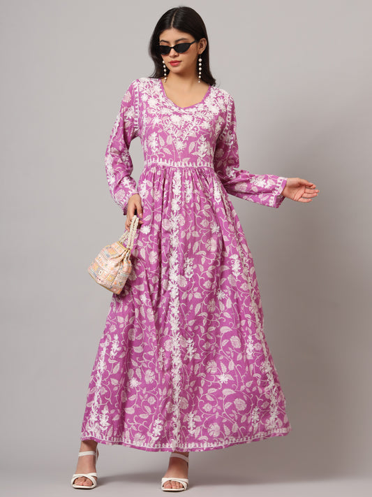 Hand Embroidered Lucknowi Chikankari  Printed Mulmul Cotton Jalabiya-AL3936 Mauve
