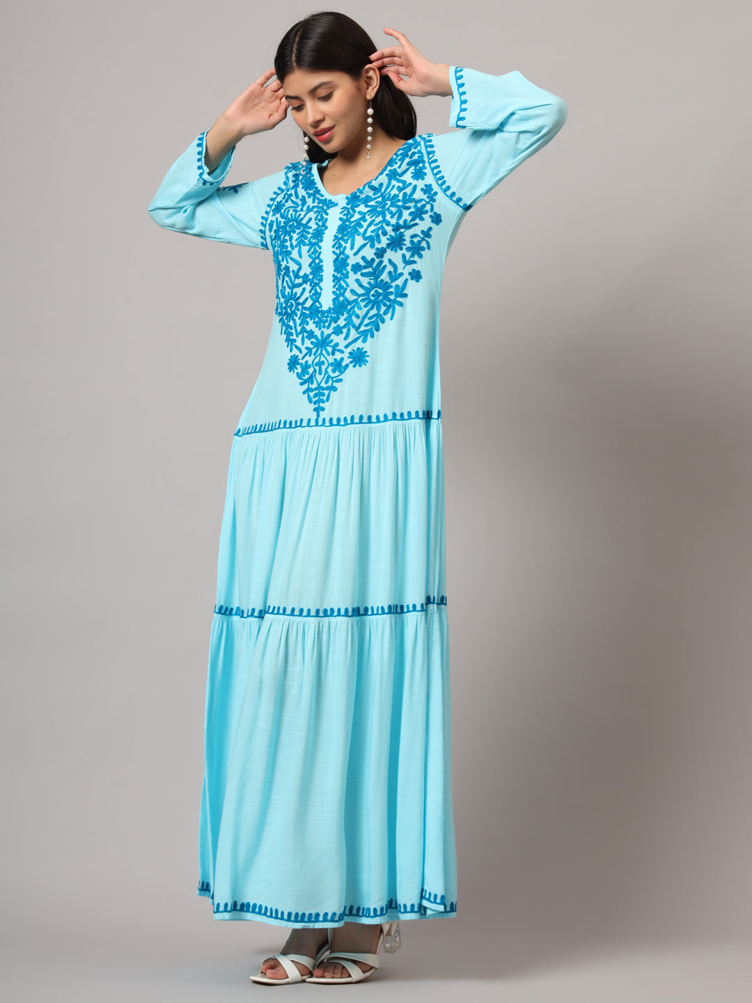 Hand Embroidered Lucknowi Chikankari  Cotton Jalabiya-AL3942 Turquoise