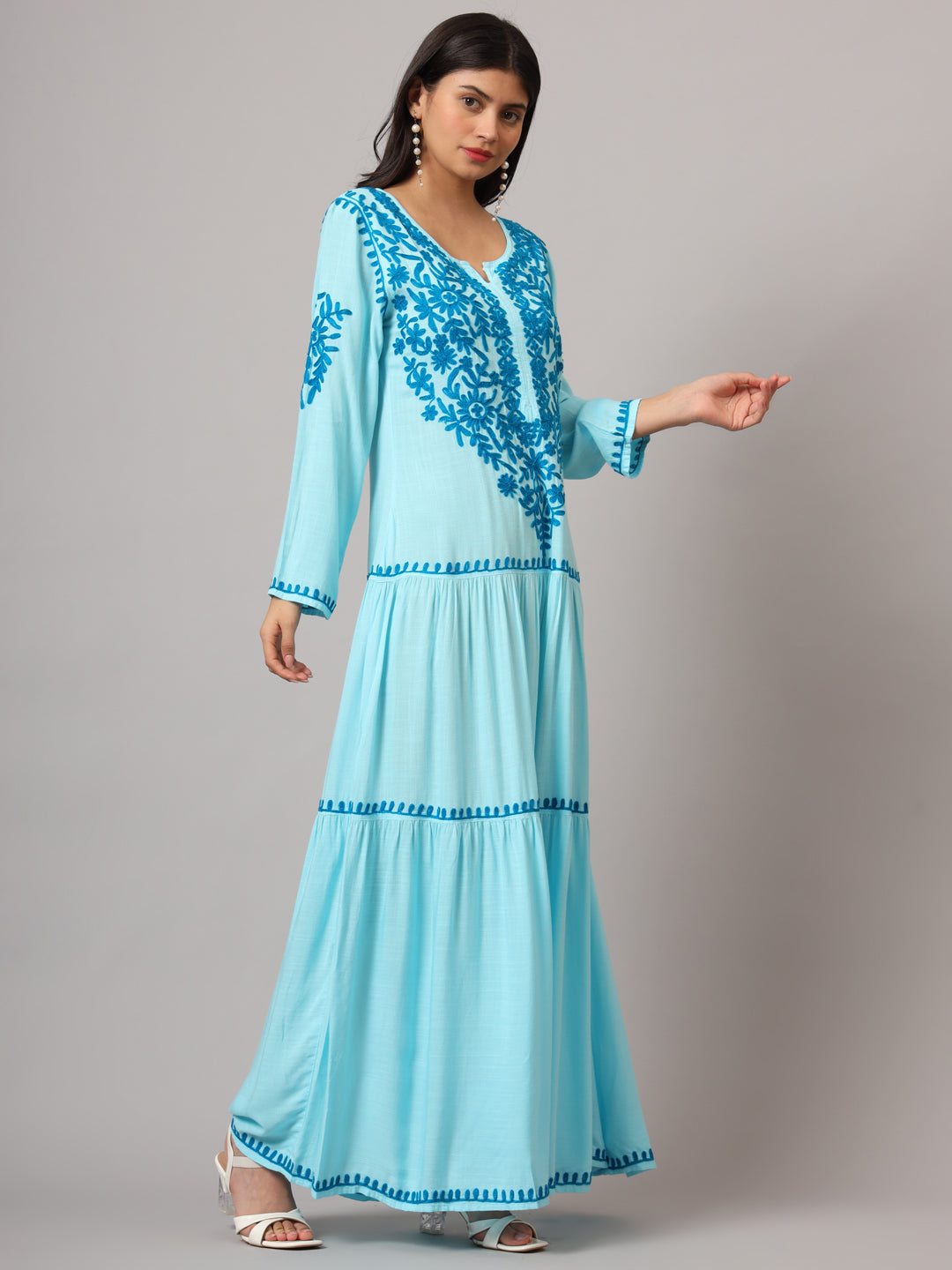Hand Embroidered Lucknowi Chikankari  Cotton Jalabiya-AL3942 Turquoise