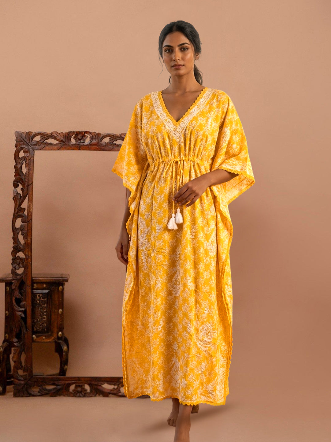 Hand Embroidered Chikankari Cotton Kaftan-AL3833 New Yellow