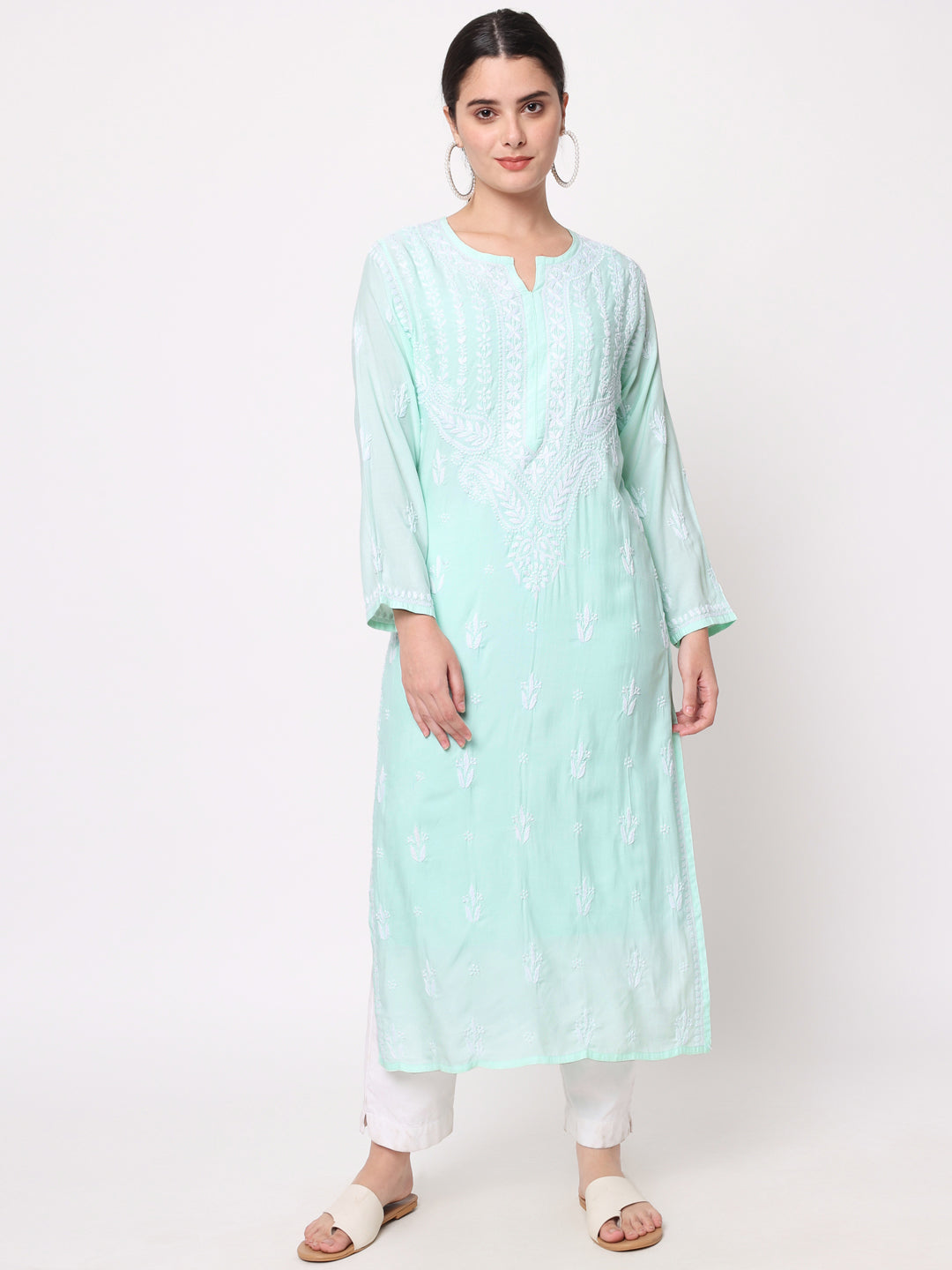 Women Hand Embroidered Chikankari Modal Kurta-AL3584 Seagreen