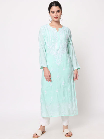 Women Hand Embroidered Chikankari Cotton Kurta-AL3584 Seagreen