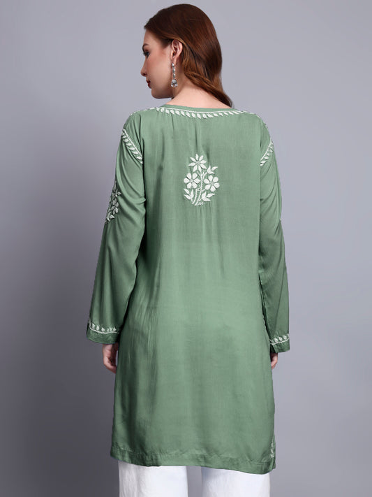 Women Hand Embroidered Chikankari Modal Kurti -AL3702 Darkgreen