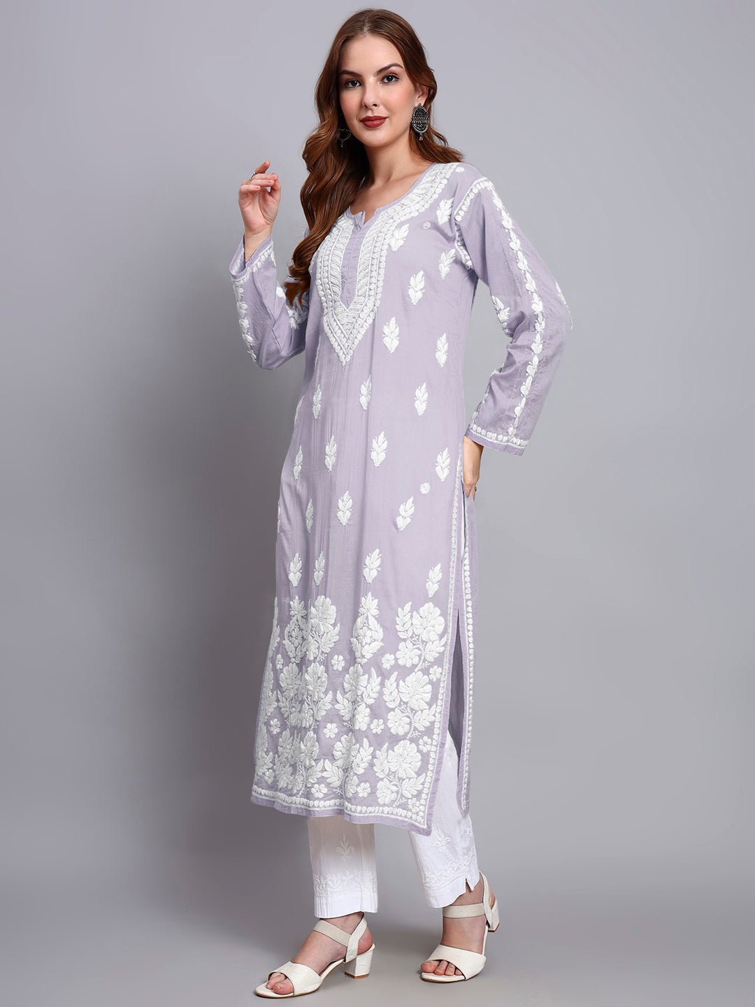 Women Hand Embroidered Chikankari Mulmul Kurti -AL3723 Mauve
