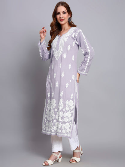 Women Hand Embroidered Chikankari Mulmul Kurti -AL3723 Mauve