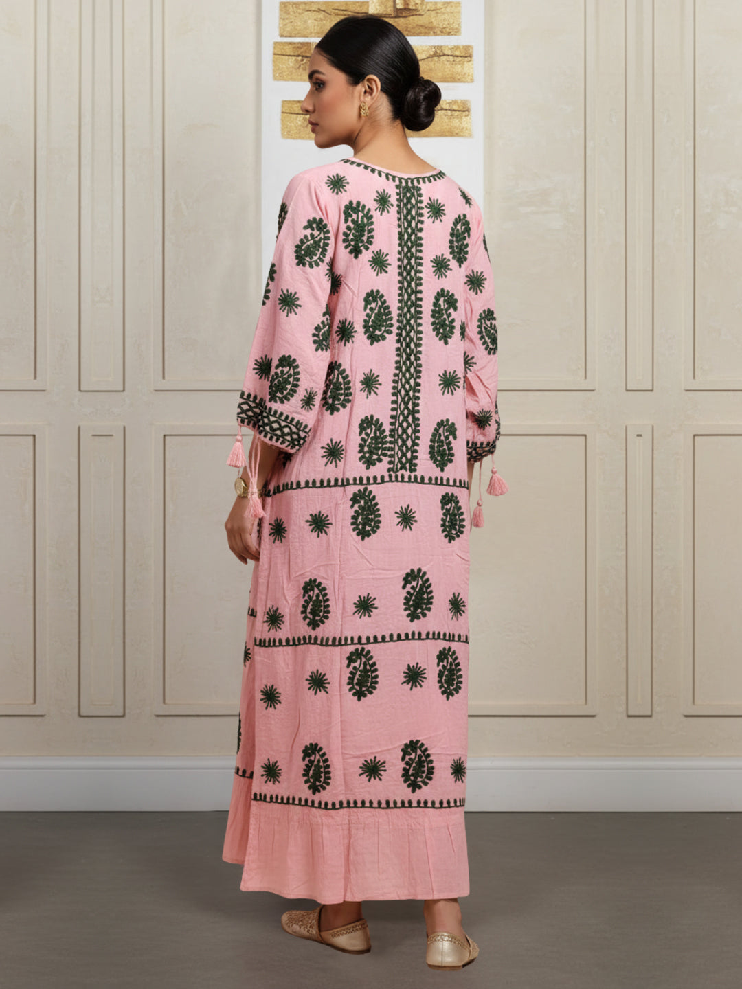 Hand Embroidered Chikankari Rayon Jalabiya-AL4048 Peach